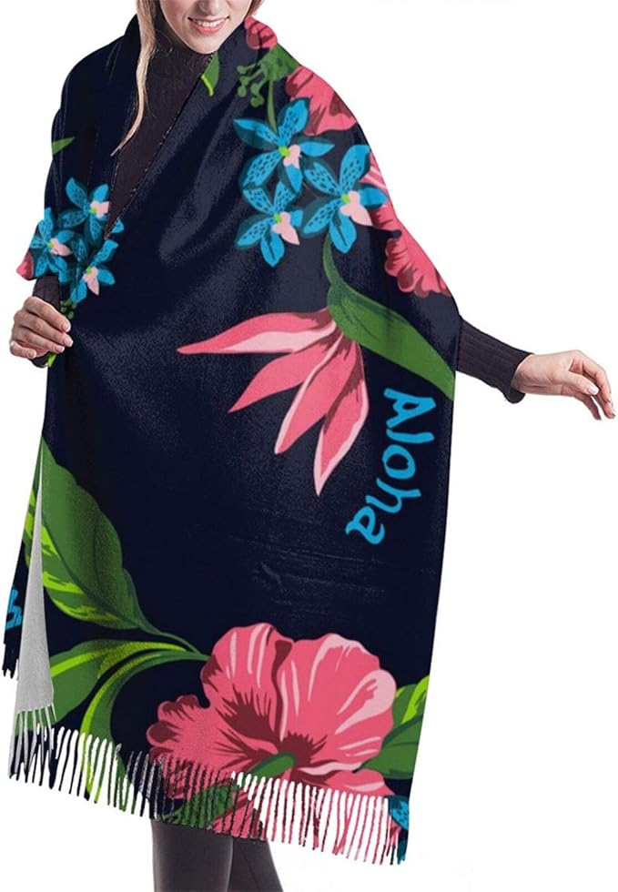 Women Hawaiian State Flower Print Scarf Pashmina Shawls And Wraps Blanket Winter Warm Thick Long