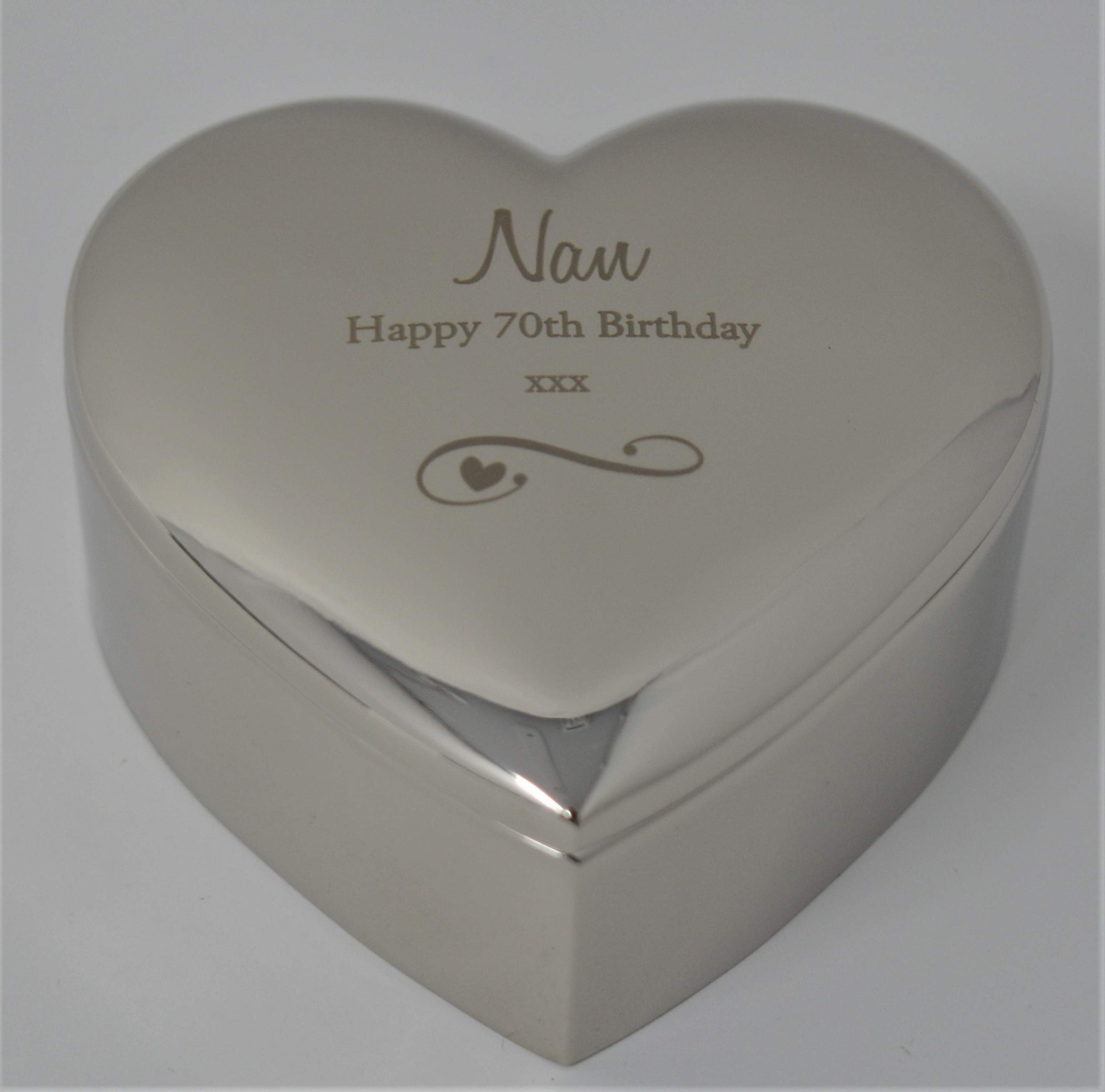 Nan Happy 70th Birthday Silver Finish Engraved Heart Trinket in Plain White Box