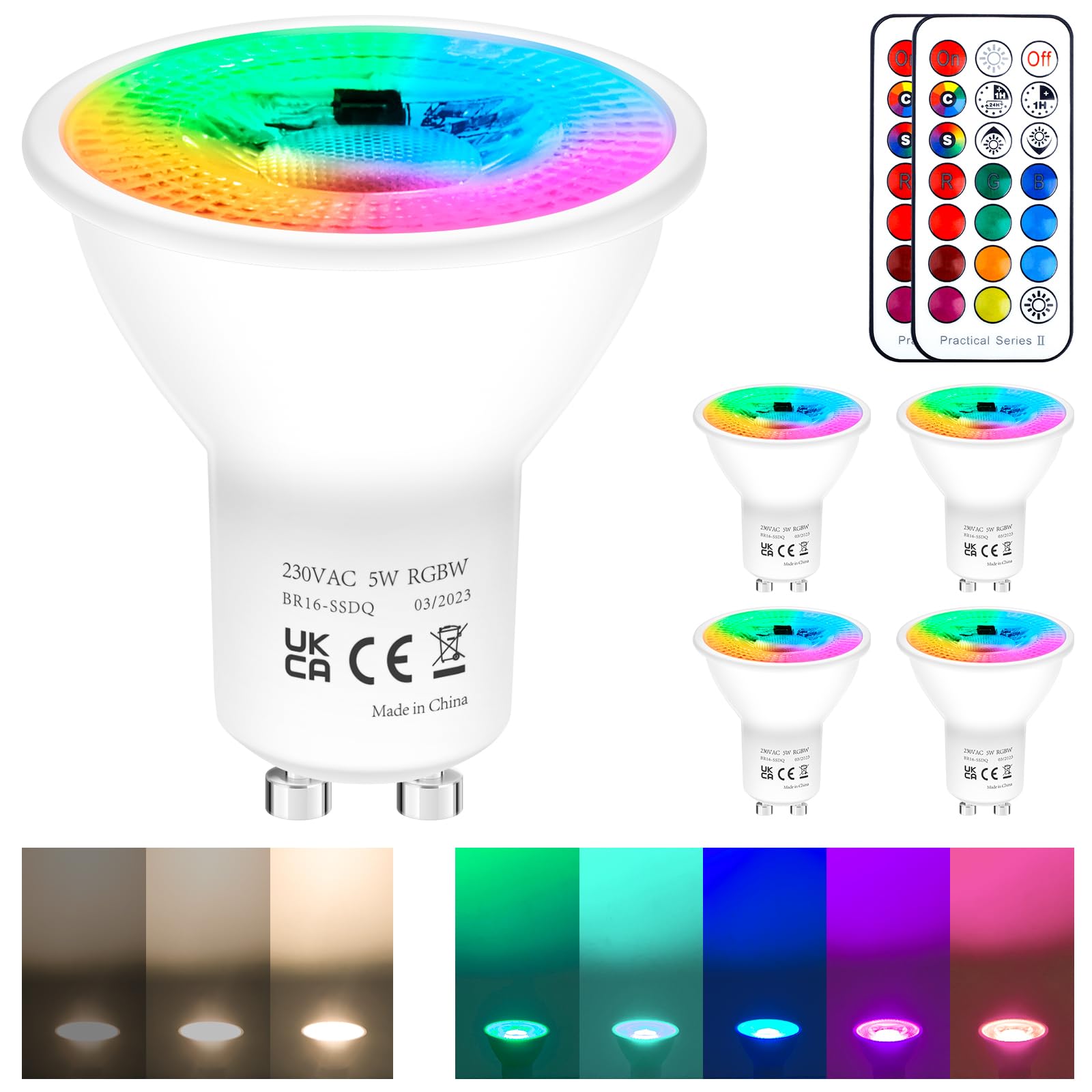 REYLAX GU10 Colour Changing LED Bulbs - 5W Dimmable LED Bulbs with Remote - GU10 LED Spotlight Warm White - 12 Colours Spot Lights - 5 Modes - Timer - for Atmosphere and Daily Lighting - Pack of 4