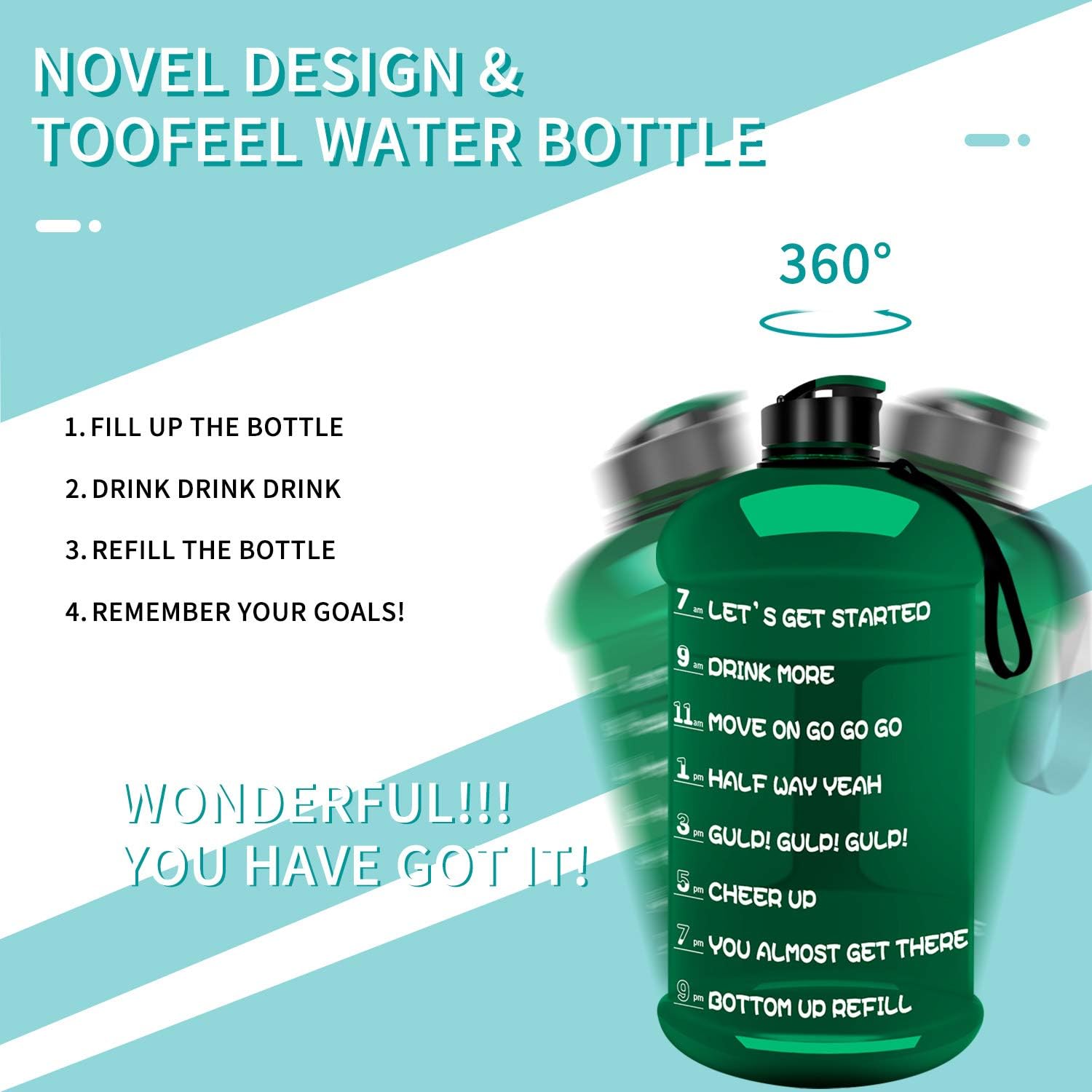 TOOFEEL Dishwasher Safe 2.2L Big Reusable Sports Water Bottle 75oz Half Gallon Water Jug with Mitivational Time Marker Container Large Capacity Canteen BPA Free Leak-Proof for Gym Fitness Athletic