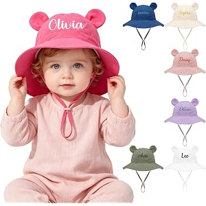 MYDREAMY Personalized Embroidered Baby Sun Hat Wide Brim UPF50+ for Toddler | Custom Bucket Hat with Bear Ears 100% Cotton To