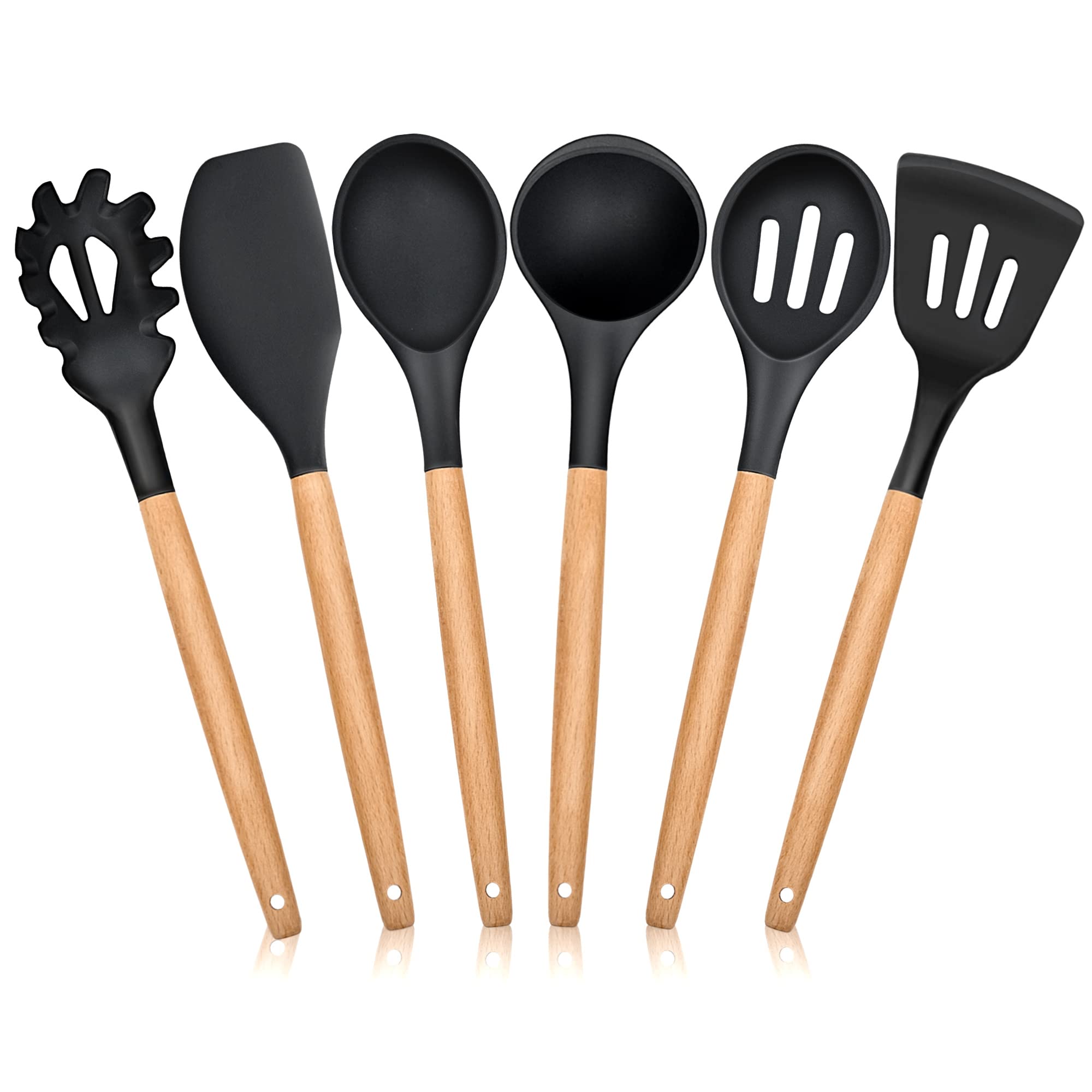 Joyfair Kitchen Utensils Set, 6 Pieces Silicone Cooking Utensils Set, Natural Wooden Handle Cookware Include Spatula/Turner/Spoon/Pasta Server/Soup ladle, Non Stick Non Toxic Heat Resistant, Black
