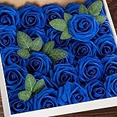Higfra Artificial Flowers 50 Stems Realistic Roses - Lifelike Fake Flowers for Wedding Bouquets, Baby Shower Decor, Home Centerpieces, DIY Floral Arrangements (Royal Blue, 50pcs)