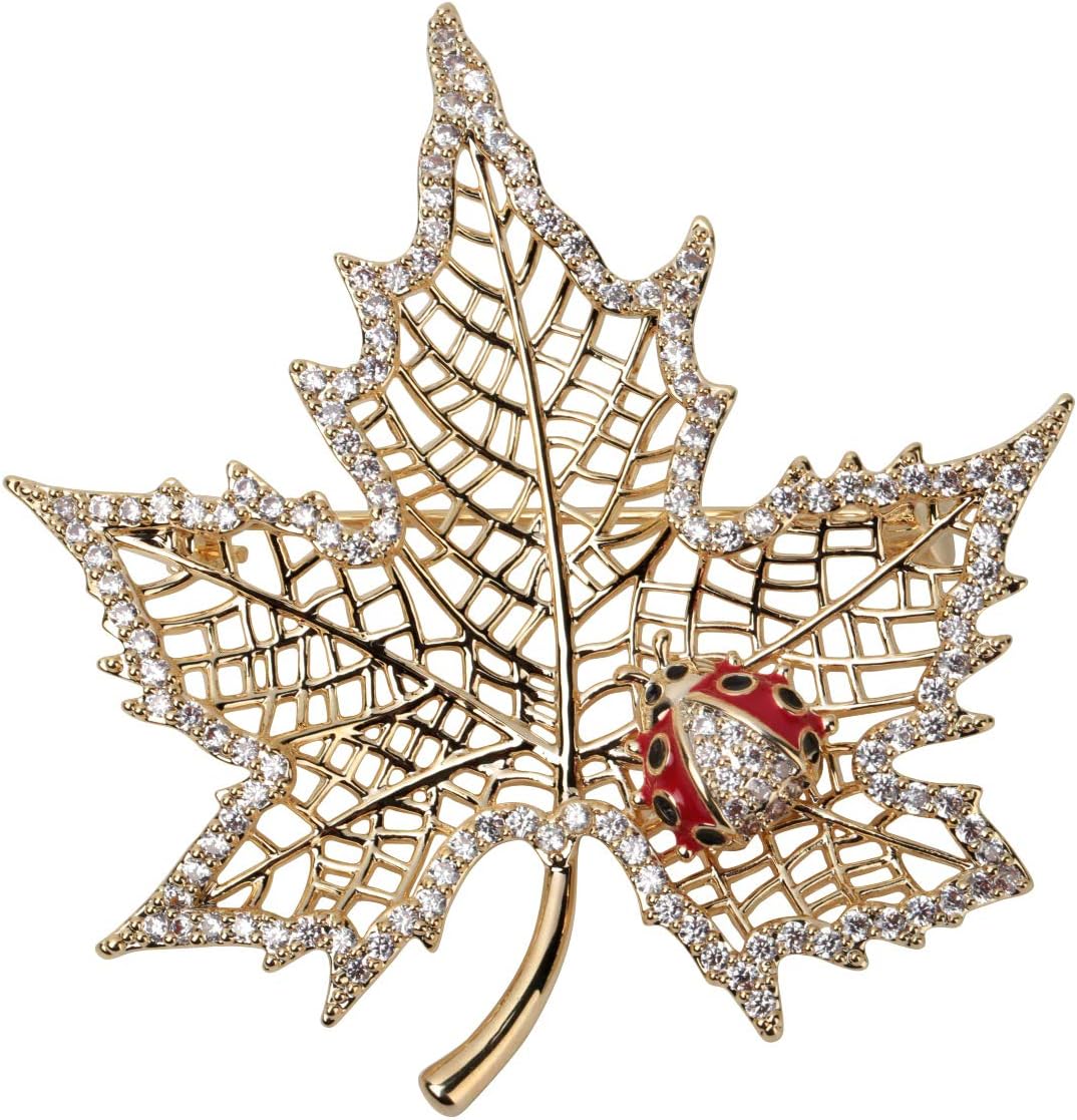 Women's Ladybug on Fall Leaf Pin Brooch - CZ & Enamel Fall Jewelry - Ultra Light - 2 x 1-3/4 Inches - Scarf Holders - Perfect for Blouse Jacket Coat Handbag