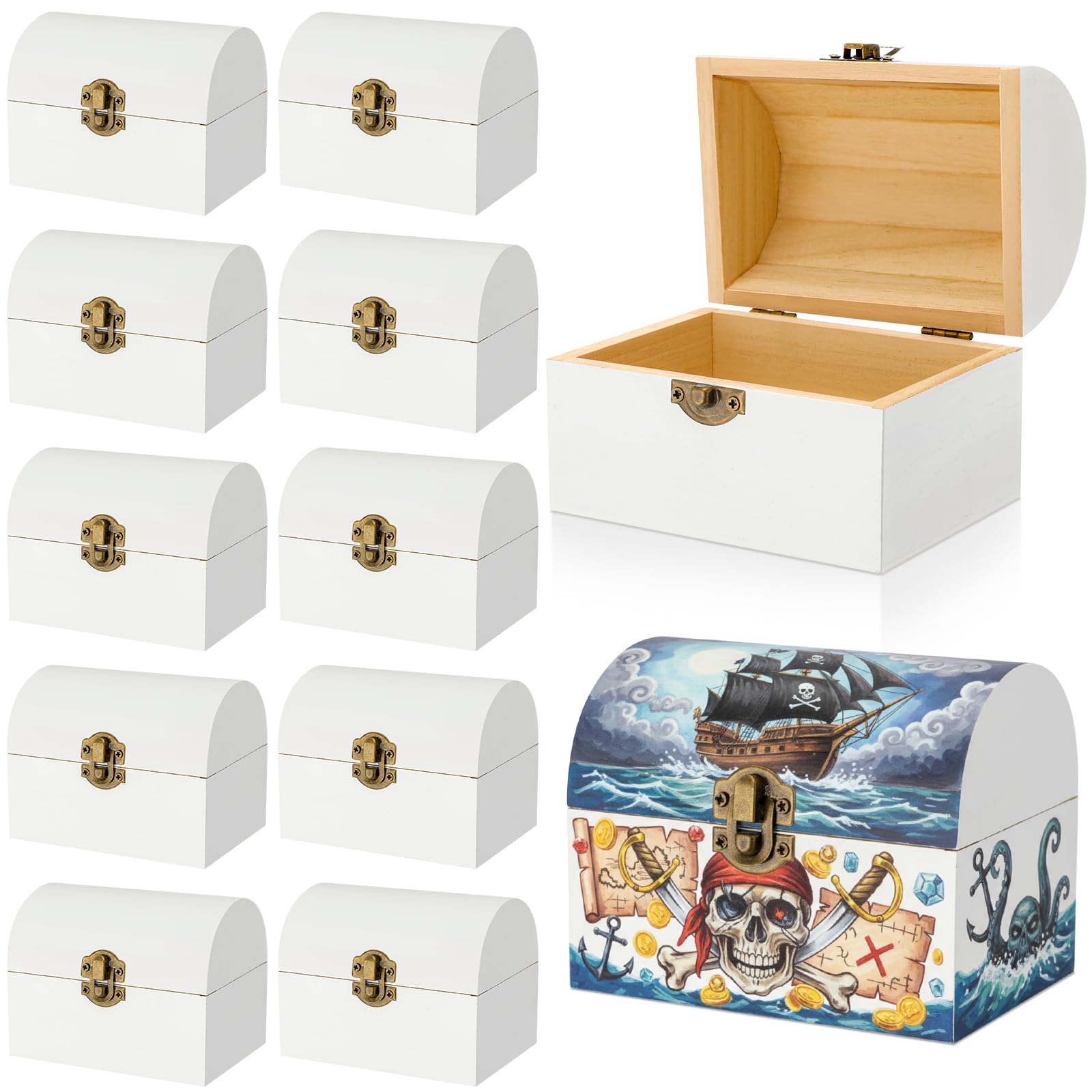 Photo 1 of Menkxi 12 Pcs Unfinished Wooden Treasure Chest Boxes 4.7 x 3.5 x 3.1 Inch Mini Small DIY Treasure Chests Craft Bulk with Hinged Lid to Paint Party Gifts Prizes(White)