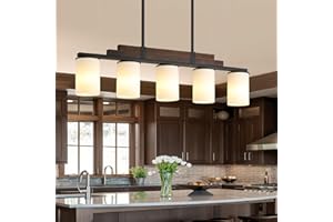 HUONG SON Farmhouse Wood Kitchen Island Lighting, 5-Light Adjustable Chandelier for Dining Room, Milk Glass Shade Dining Room Light Fixture Over Table, Black Hanging Pendant Lights for Kitchen, Pool Table