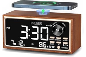PRUNUS J-177 Retro Vintage Alarm Clock Radio with Fast Wireless Charging, Dual Alarms, Snooze, Large LED Display,Dimmer Control,Auto-Dimming,Retro Clock for Bedroom