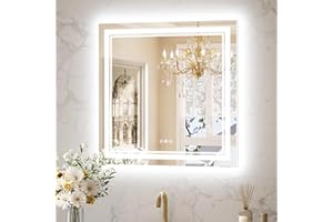 Keonjinn Bathroom LED Mirror 30 x 30 Inch Frontlit and Backlit, Tempered Glass Stepless 3 Colors Temperature & Dimmable Square Wall Mirror, UL Listed LED Driver, Double LED Strips, Anti-Fog