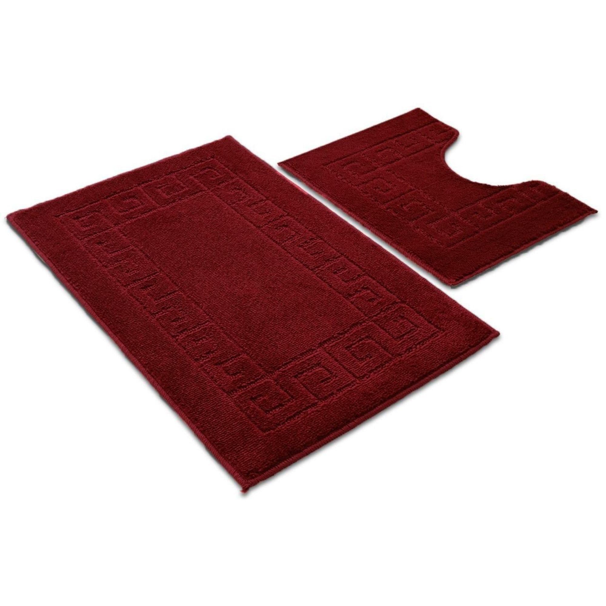 Ambience Products Greek Key Pattern Bath Mats 2 Piece Sets Non Slip Bathroom Mat, Soft Washable Rug Quick Dry Water Absorbent Bathroom Shower Mat & Pedestal Set (Burgundy)