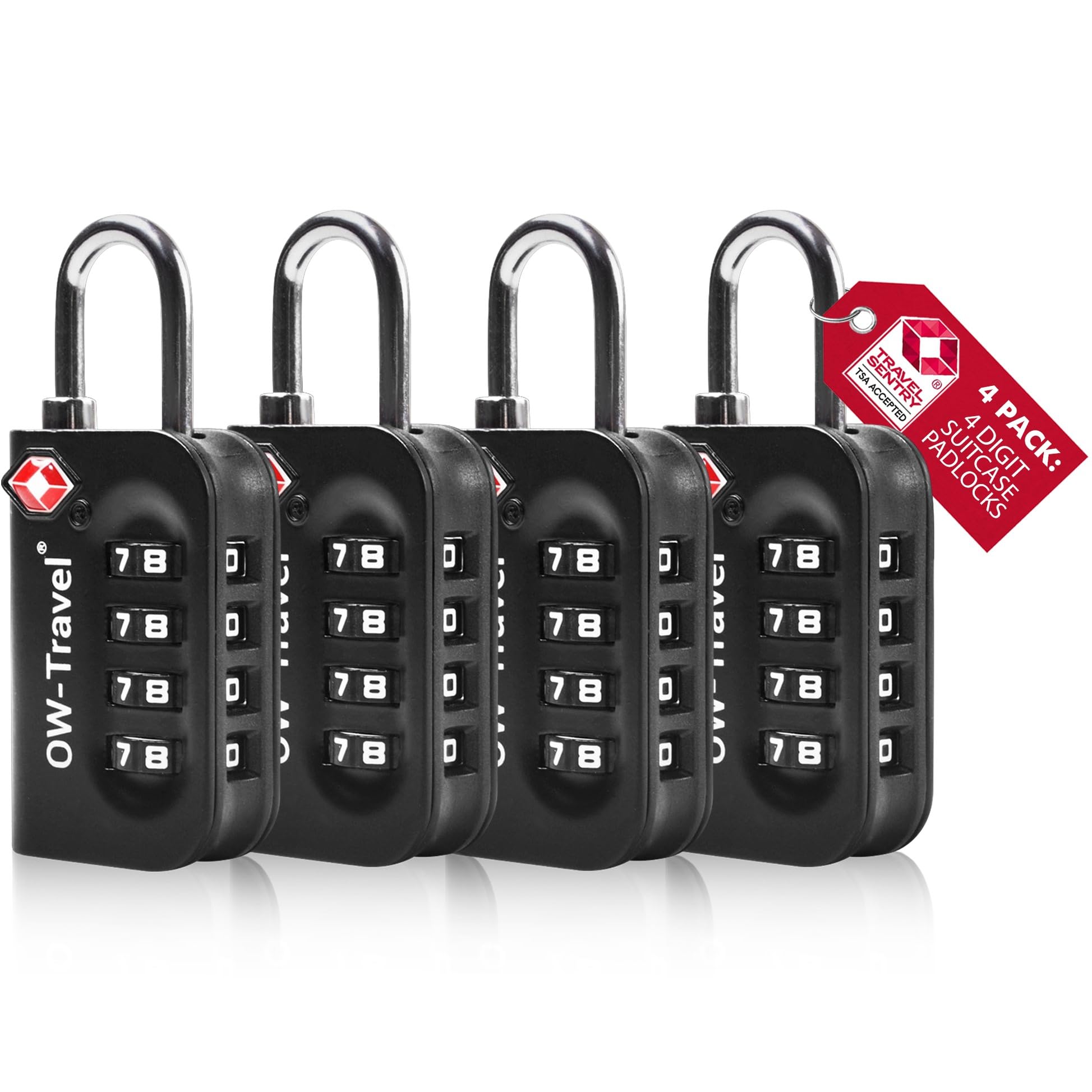 OW-Travel Luggage Locks TSA Approved (4 Pack Black) 4 Digit Suitcase Padlocks. TSA Locks Approved Security Backpack Combination Padlock for Suitcase, Case, Luggage, Bag, Gym Locker