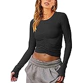 Orchidays Women’s Long Sleeve T Shirts Ruched Going Out Crop Tops with Thumb Holes Basic Slim Fit Tees