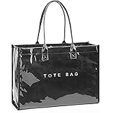 Lushandy PVC Tote Bag for Women, Large Plastic Tote Purse Work Kraft Paper Letter Print Shoulder Bag Carry All Hobo Handbag