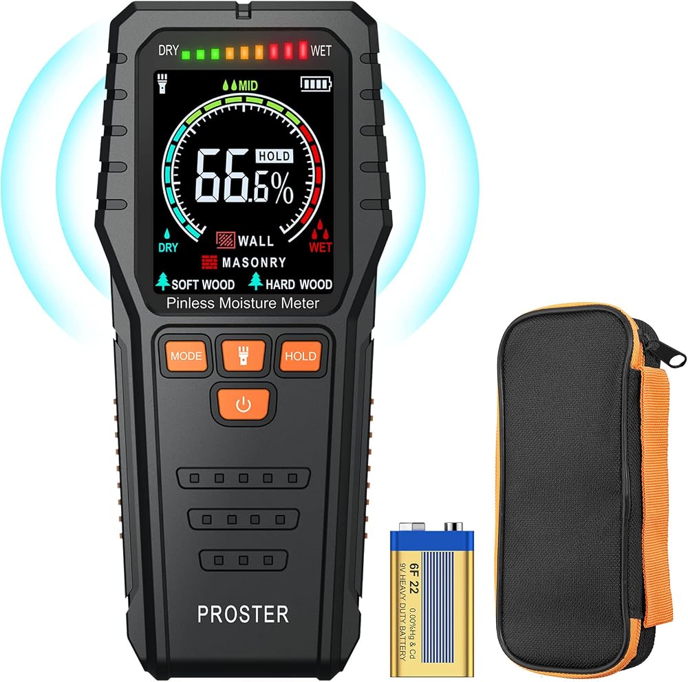 Proster Pinless Moisture Meter with Backlit LCD, 4 Modes, 19mm Depth