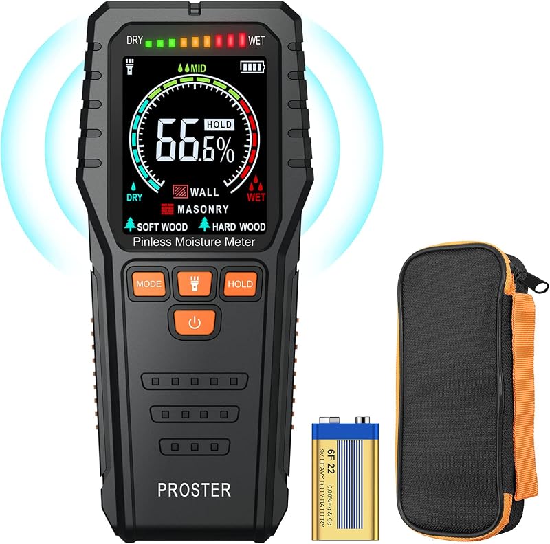 Proster Pinless Moisture Meter with Backlit LCD, 4 Modes, 19mm Depth