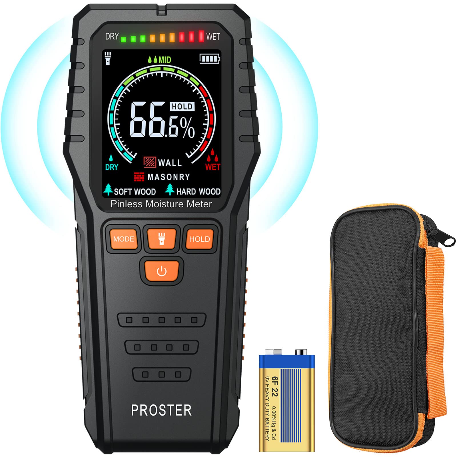 Proster Pinless Moisture Meters - with Backlit LCD Screen Non-Invasive Damp Meter Detects up to 3/4-Inch Below Surface for Non-Destructive Moisture Detection Wallboard Masonry Hardwood and Softwood