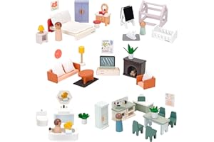 PairPear Wooden Dollhouse Furniture Set,56 Pieces Doll Furnitures with 5 Room Kits Play Fingers,Doll House Miniature Furniture Pretend Play Toys Gift for Toddler Boys and Girls 3Y+