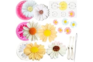 NIMOZEKD Chrysanthemum Daisy Silicone Mold 4 PCS Daisy Mold Resin Mold with Large-Eye Wicking Needle Candlewick for Scented Candle DIY Clay Craft Cake Decoration Cupcake Toppe