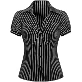 SweatyRocks Women's Striped Button Down Shirt Ruched Short Sleeve Fitted Work Business Blouses