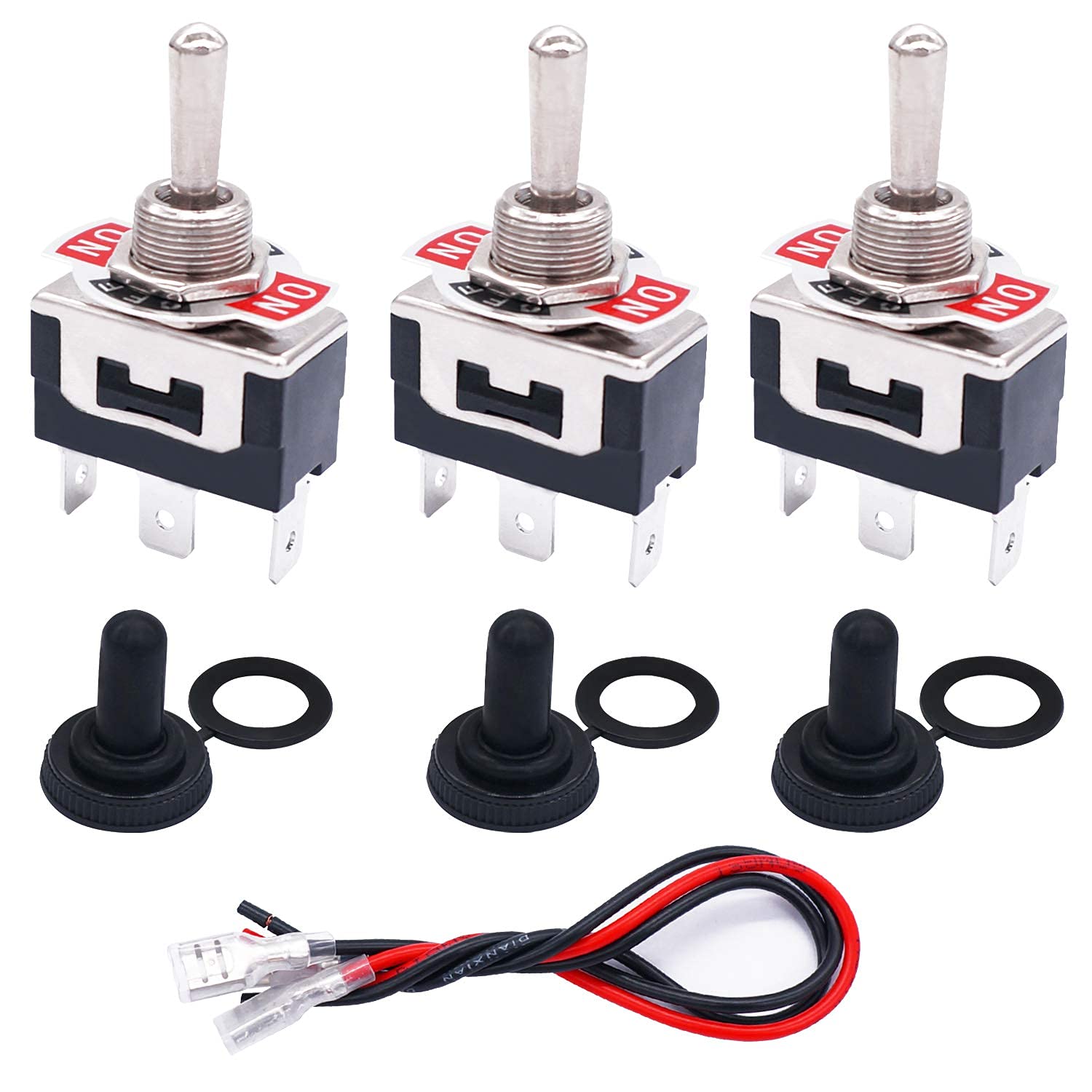 Taiss/3 Pcs Rocker Toggle Switch Heavy Duty 3 Pin 3 Position ON/Off/ON SPDT 16A 250VAC Terminal Metal Switch with Waterproof Boot Cap + 6.3mm Terminal Wires TEN-1122MX-B103