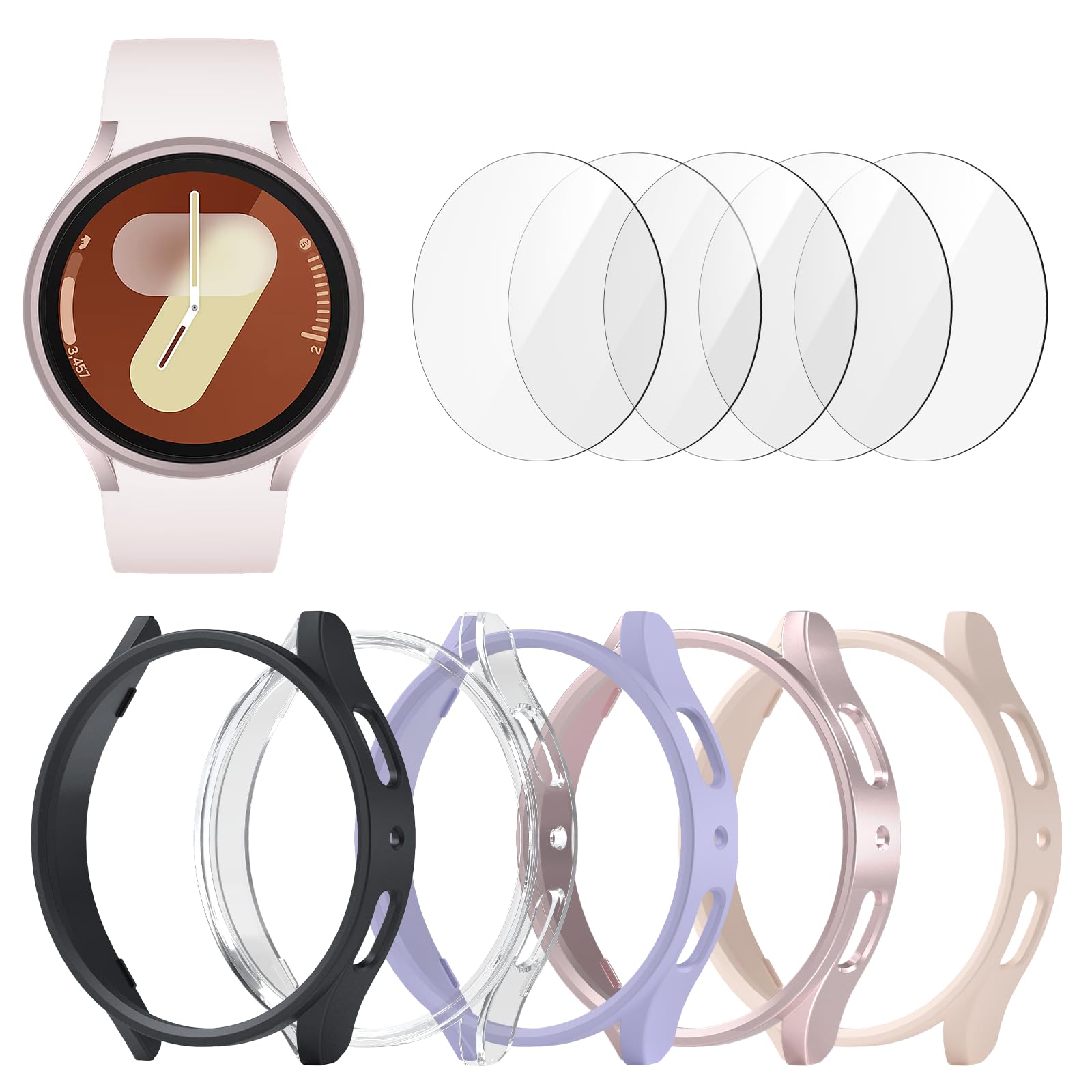 BHARVEST [5+5 Pack] Galaxy Watch 7 40mm Screen Protector, Waterproof Case Protective Cover+Tempered Glass Screen Protector Ultra-Thin Hard PC Guard Bumper for Samsung Galaxy Watch 7 40mm Women