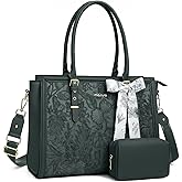 MOSISO Laptop Bag for Women, PU Leather Tote Bag, Front Embossed Retro Hibiscus Computer Bags with Silk Scarf&Clutch Purse