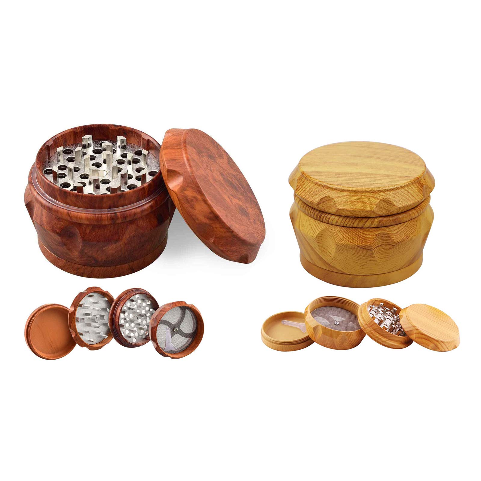 Herb Grinder, 2 Piece Wooden Herb Spice Grinder Crusher Mini-Scraper with Magnetic Lid Pollen Catcher for Dried Spices, Herbs for Home Kitchen