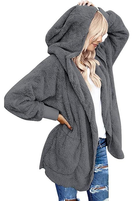 CHICGAL Womens Fuzzy Jacket Sherpa Coat Open Front Hooded Cardigan Outwear  with Pockets (Black1 S) at Amazon Women's Coats Shop