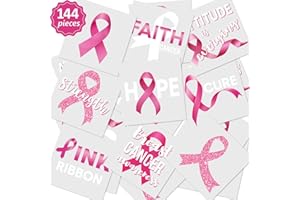 Zonon 144 Pieces Breast Cancer Awareness Tattoos Pink and White Ribbon Tattoos Waterproof Temporary Stickers Decoration Supplies for Party Fundraising Event, 9 Styles
