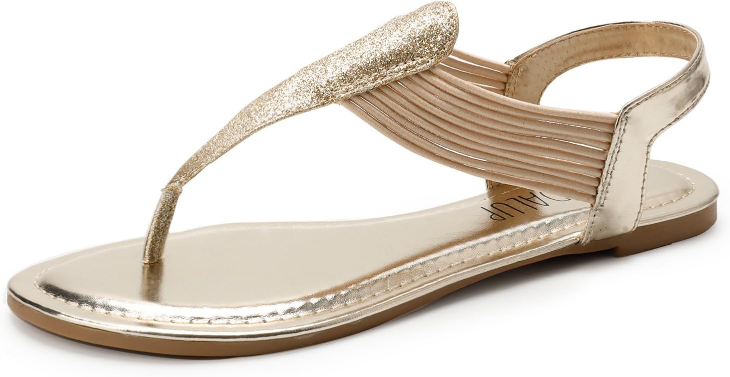 SANDALUPWomen's Elastic strappy Flat Sandals w Sparkling Thong Sandals for Women - Ankle Strap Sandals for Dressy Summer - Sparkly Sandals Women for Walking