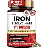 Iron Supplement for Women &amp; Men, Gentle Iron Bisglycinate 65mg, 60 Days | Vitamin C, Zinc &amp; Copper, B Complex, B1, B2, B6, B9 &amp; B12, Iron Level &amp; Energy Support, Stomach Friendly, Vegan, Made in USA