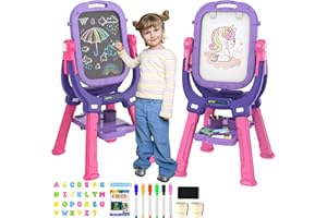 PUPPSITTY Easel for Kids, Adjustable Standing Rotatable Double Sided Toddlers Art Easel with Painting Accessories, Drawing Board Gift for Boys and Girls, Girl Birthday Gift, Purple