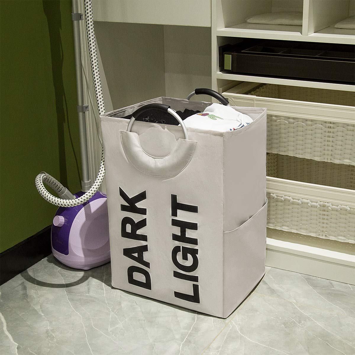 WISHPOOL Double Large Foldable Laundry Hamper Basket Divided Handy Stand Collapsible Laundry Basket Waterproof Bag Bin Organizer Storage Corner with Handles (Beige)