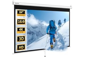 WASJOYE 84'' Projector Screen Manual Pull Down - 16:9 HD Retractable Projection Screen with Auto Locking - 4K 3D Projector Screen Anti-Crease for Home Theater Cinema Office Education Presentation
