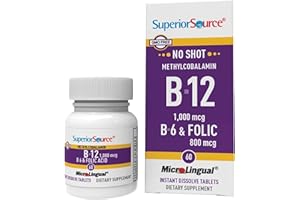 Superior Source No Shot Vitamin B-12 Methylcobalamin 1000 mcg, B-6 & Folic Acid 800 mcg - Supports Brain & Heart Health - Aids Natural Energy Levels - 60 Sublingual Dissolving Tablets
