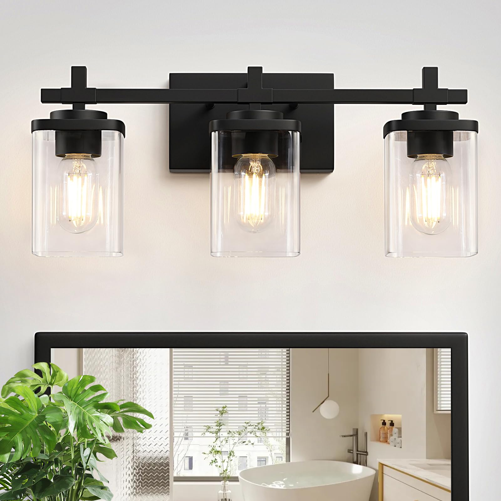 Photo 1 of Spiglamm 3-Lights Bathroom Vanity Light Fixtures, Modern Black Vanity Lights Over Mirror with Clear Glass Shade for Bathroom, Wall Mounted Lamp for Bedroom Hallway Living Room