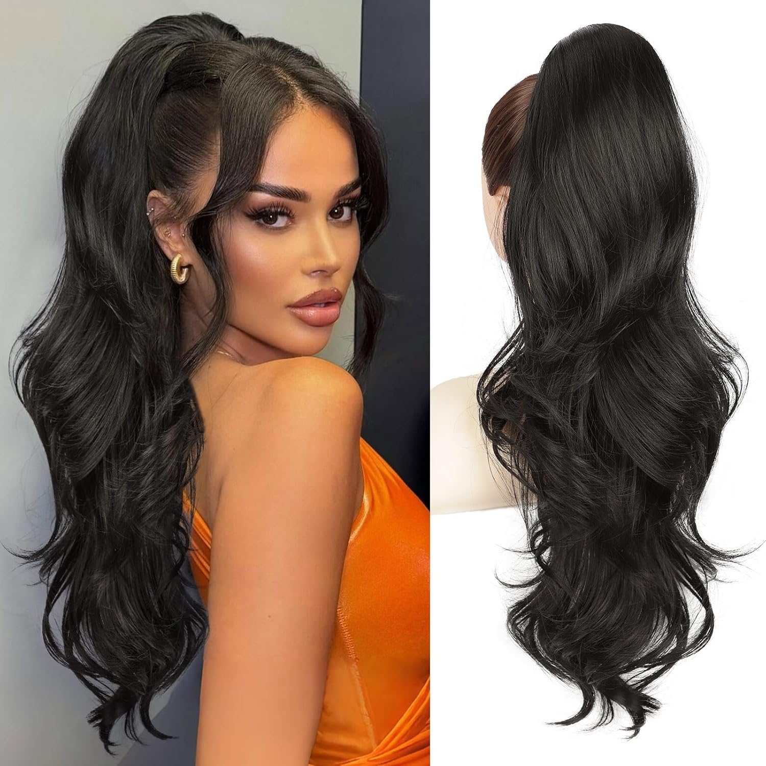 PORSMEER Ponytail Extension,Drawstring Ponytail Hair Extensions Black Color 26 Inch Long Natural Straight Wavy End Synthetic Hairpiece for Women Girls Daily Use/Party — image 1