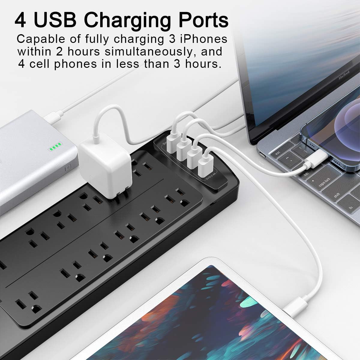 Power Strip , Alestor Surge Protector with 12 Outlets and 4 USB Ports, 6 Feet Extension Cord (1875W/15A) for for Home, Office, Dorm Essentials, 2700 Joules, ETL Listed, - Black: Electronics