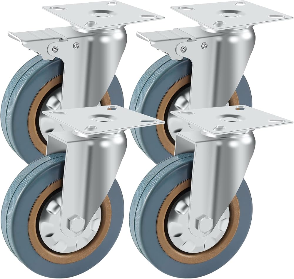Holdfiturn 4Pcs 100mm Rubber Swivel Castor Wheels with Brakes 600kg