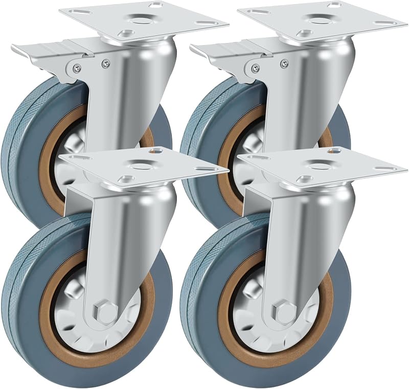 Holdfiturn 4Pcs 100mm Rubber Swivel Castor Wheels with Brakes 600kg
