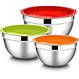 E-far Mixing Bowls with Lids, 6-Piece Stainless Steel Salad Bowls Metal Nesting Bowls for Baking Cooking and Prepping, Airtight Lids & Stackable Design, Size 4.5, 3, 1.5 QT (Colorful)
