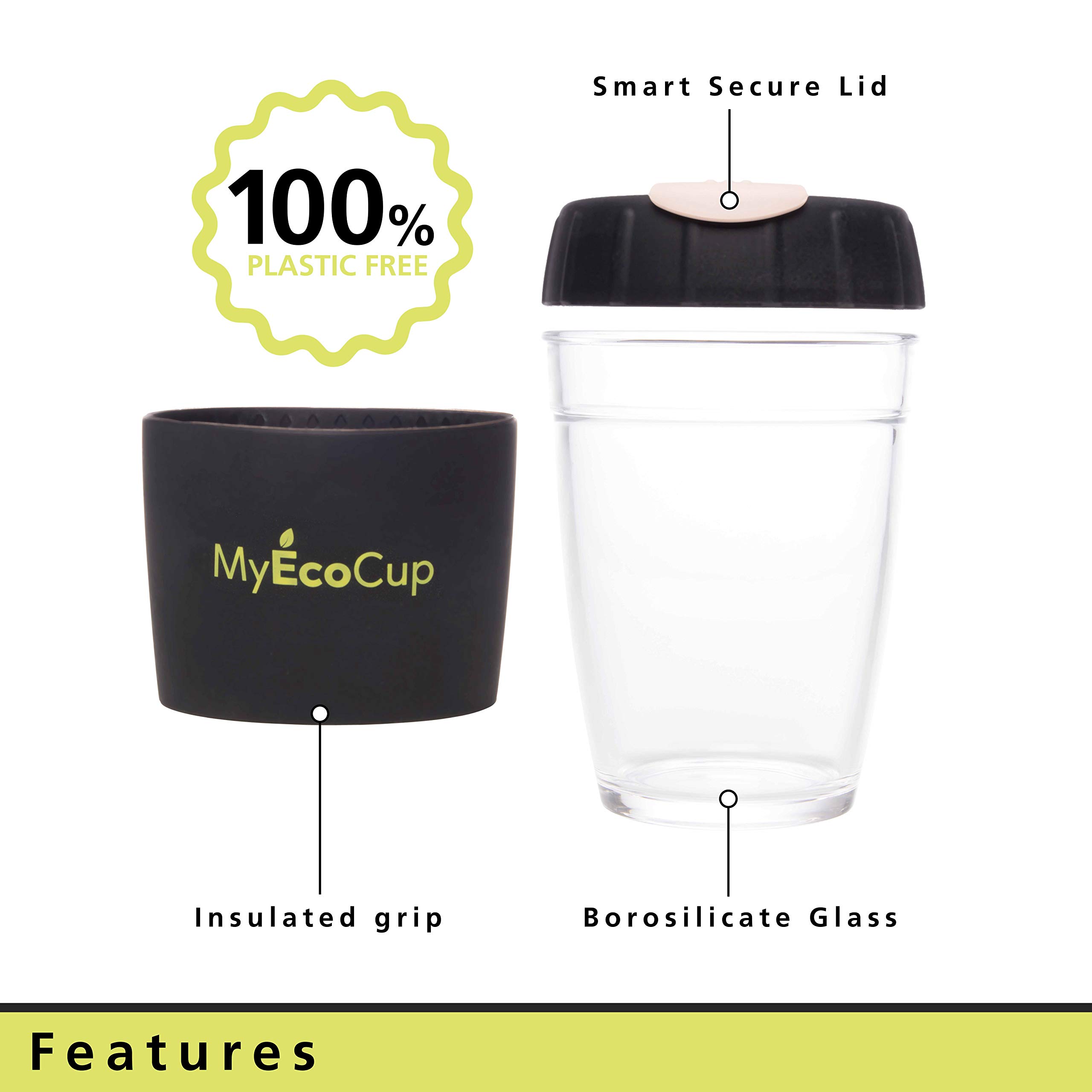 MyEcoCup Eco Friendly Glass Coffee Cups 12oz. Reusable Travel Mug & Portable Keep Cup for Tea, Latte, Americano & Iced Drinks! Take Away Mugs Include Smart Slip & Secure Lids with Insulated Handle - Black