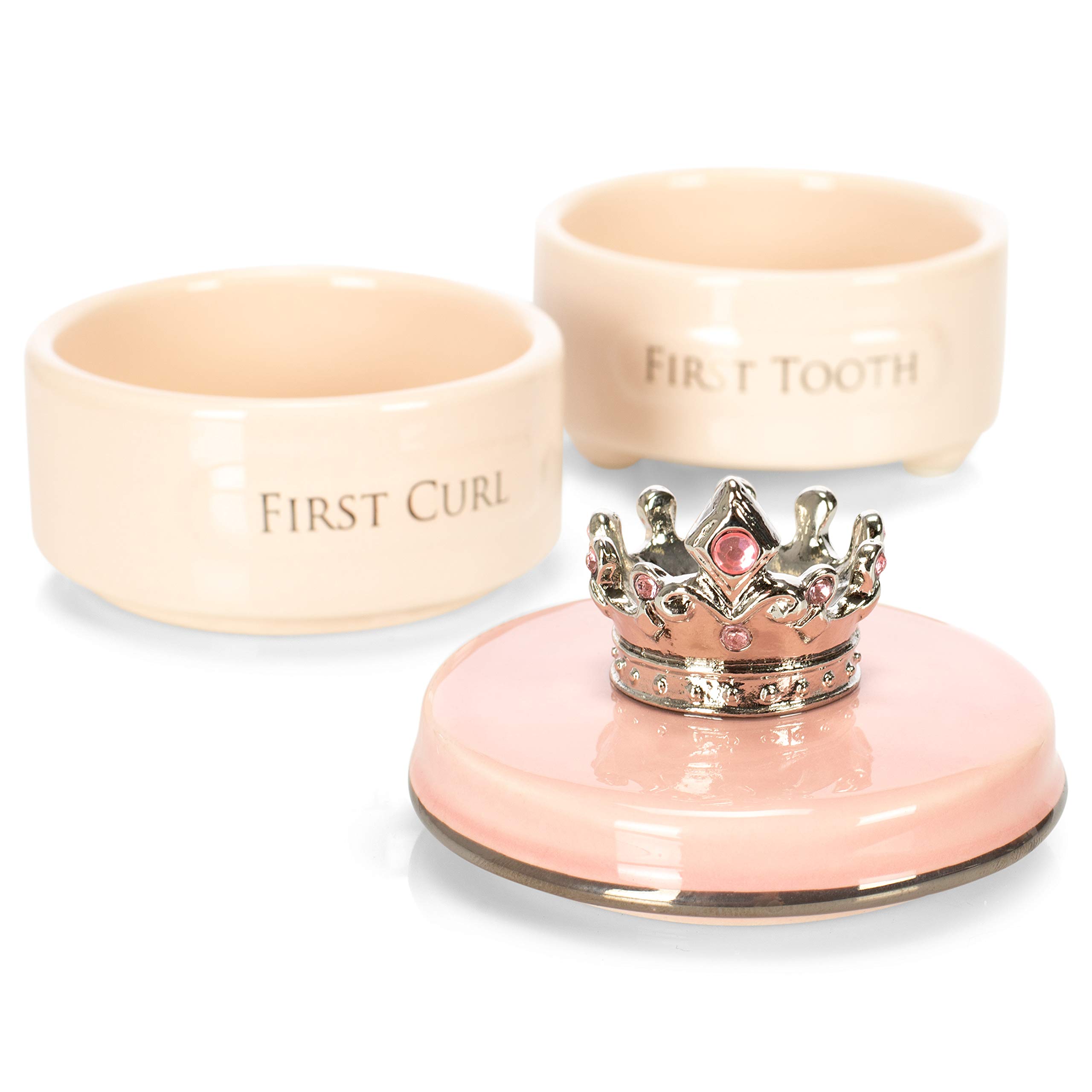 DEMDACO First Tooth and Curl Pink Ceramic Stoneware Children's Stackable Keepsake Box, 1 Count (Pack of 1)