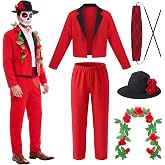 Unittype Halloween Men's Day of The Dead Costume Accessories Set for Men, L | Dia De Los Muertos Faux Suede Dress up Set with Jacket, Matching Pants, Top Hat, Cummerbund, Halloween Rose Flower Headwear