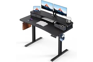 HUANUO 48″ x 24″ Electric Standing Desk with 2 Drawers, C-Clamp Mount Compatible, Height Adjustable Computer Desk, Home Office Stand Up Desk with 4 Preset Heights & 2 Hooks, Black