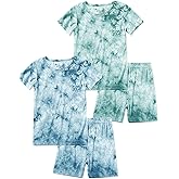 Jimonda Kids Soft Rayon From Bamboo Sleepwear Short Sleeve Boys Girls Pajama Outdoor 4-Piece tops&shorts Casual sets Tie PJ