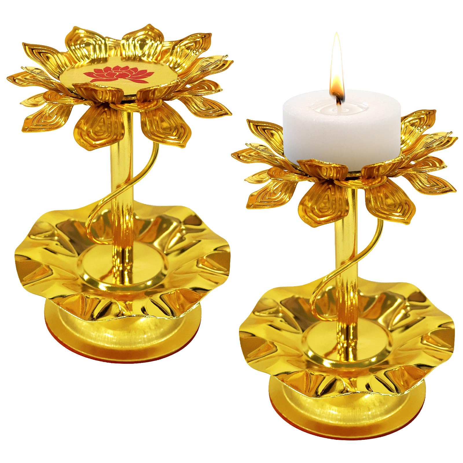 Photo 1 of 2 Pcs Lotus Candle Holders Metal Gold for Diwali Lotus Ghee Candle Stand Indian Decorations Oil Lamps for Buddha Temple Home Decor