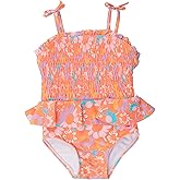 RuffleButts Girls UPF50+ Sun Protection Peplum Smocked Bodice/Tulle Skirted One Piece Swimsuit