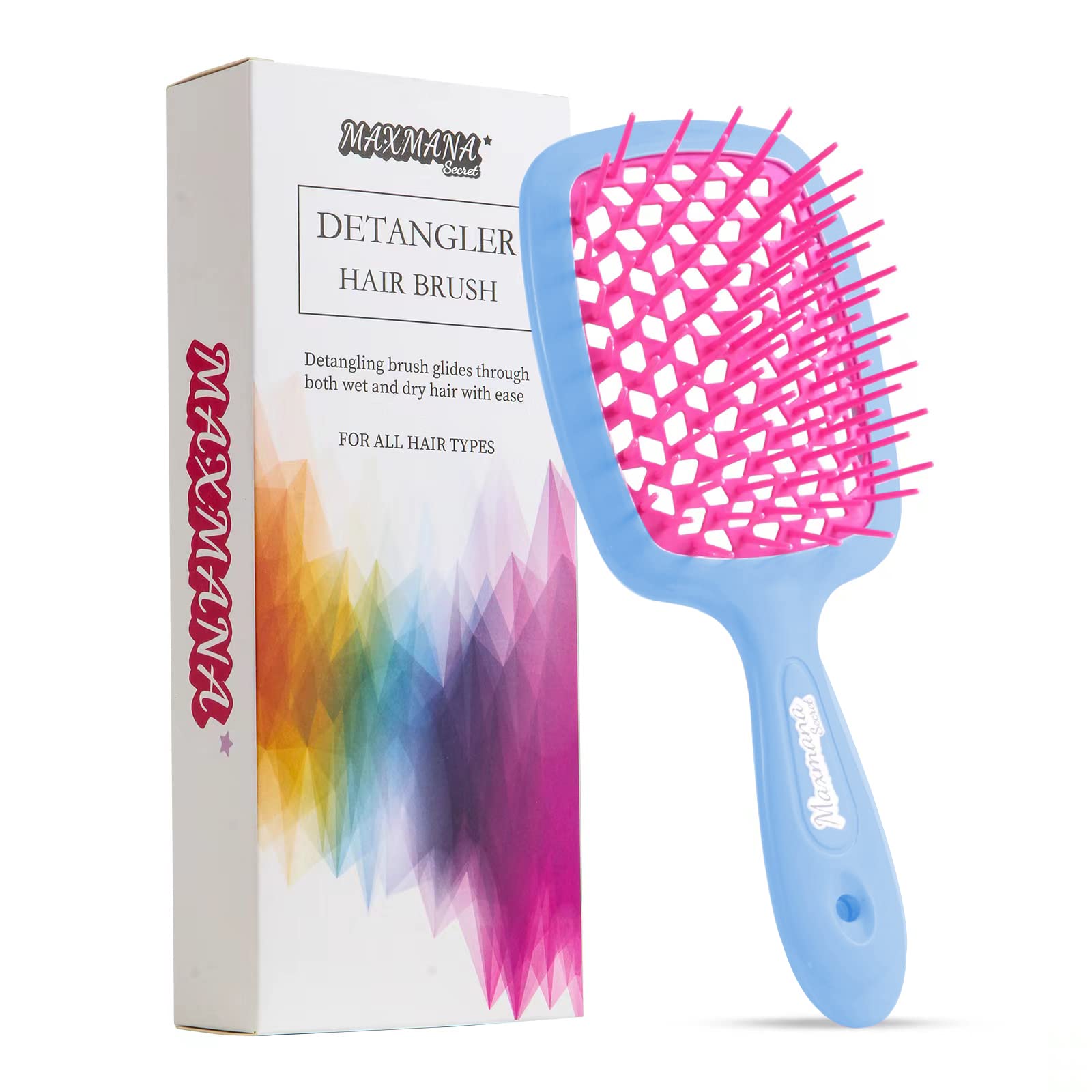Maxmana Secret Detangler Hair brush,Detangling Brush, Massage Curl Comb for for Women, Men,Girls and Kids for Natural Curly Wet Dry Thick Straight Long Hair (BLUE+ROSE RED)