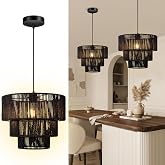 BoostArea Boho Rattan Chandelier Light,3-Tier Hand Woven Pendant Ceiling Light,13&rdquo; Farmhouse Coastal Wicker Chandelier Hanging Light for Living Room,Kitchen Island,Bedroom,Adjustable Cord,Black