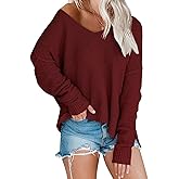 Women’s Off Shoulder Knit Sweaters Oversized V Neck Long Sleeve Loose Lightweight Pullover Tops